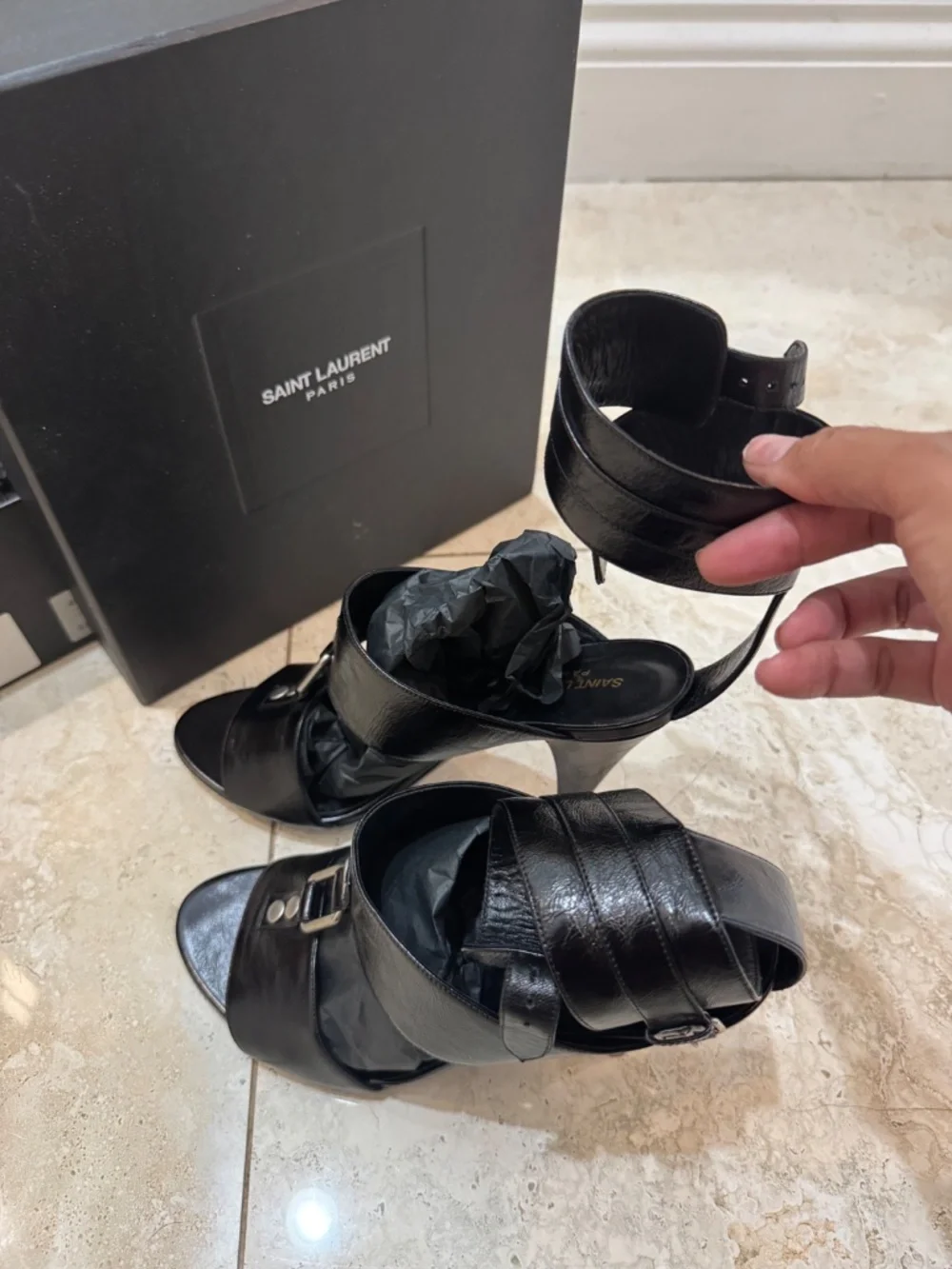 Saint Laurent Paris Black Leather Ankle Strap Stiletto Heels